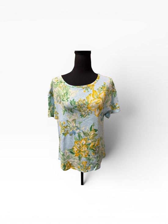 Talbots Tops - Talbots Floral Linen Blend Top Blue Yellow Short Sleeve Summer Shirt L
